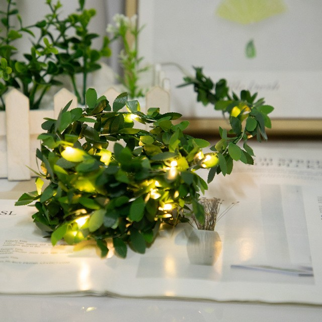 Simulation Green Leaf Rattan LED Copper Wire Lamp String Christmas Decoration DIY Garland Battery indoor Decoration Lights