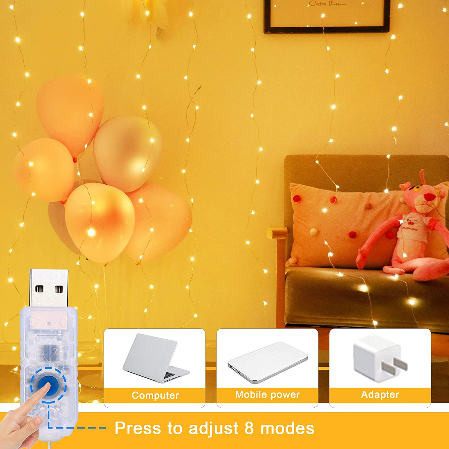 Curtain Fairy Lights 300 LED Remote Control 8 Lighting Modes USB Powered Waterproof String Light for Indoor Bedroom Outdoor Ho